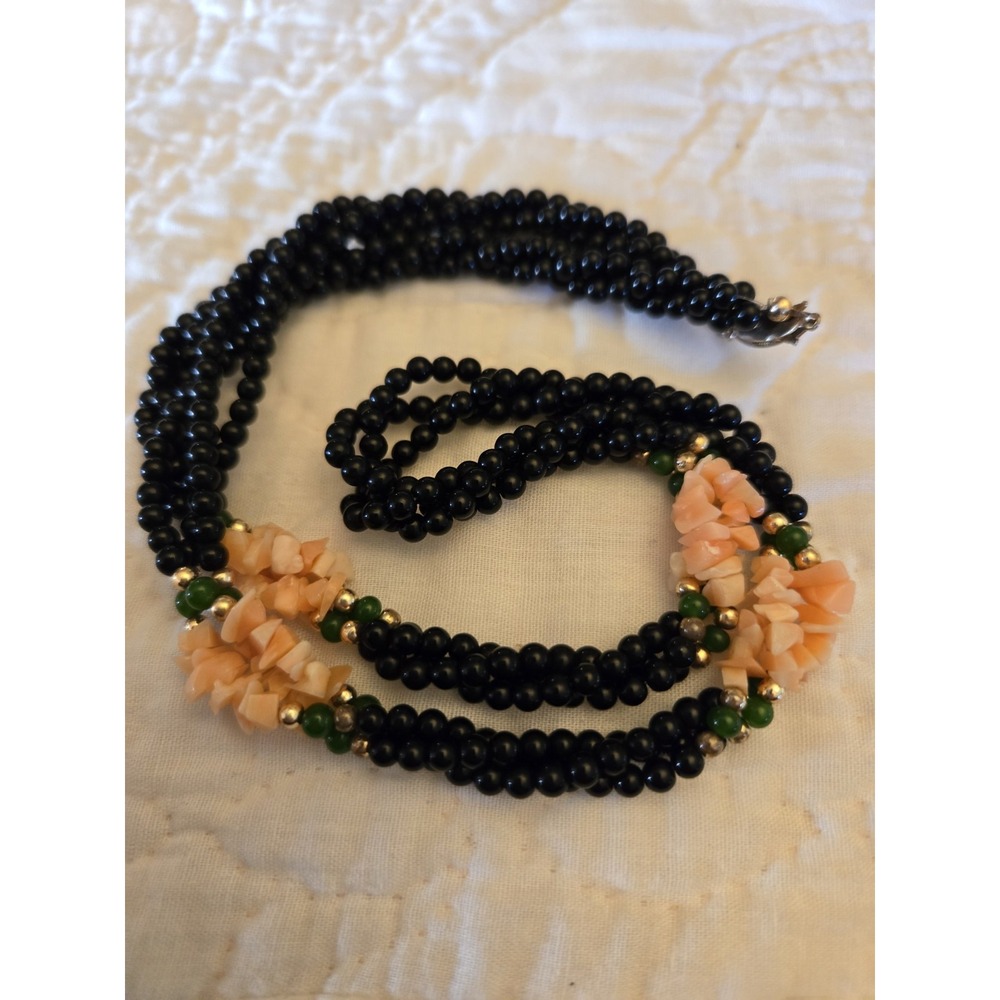 Vintage Braided Pink Branch Coral Black Onyx Green Jade Beads Necklace EUC